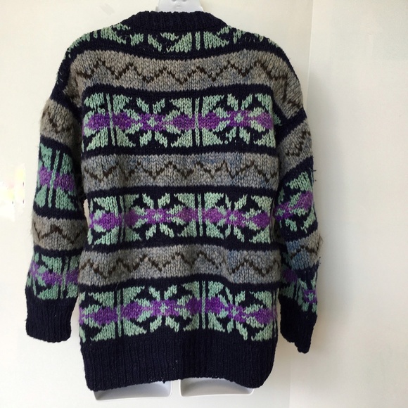 Chunky Wool Hand Knit Equador Fair Isle Sweater Pullover Sz S - M El Sol - Picture 4 of 6
